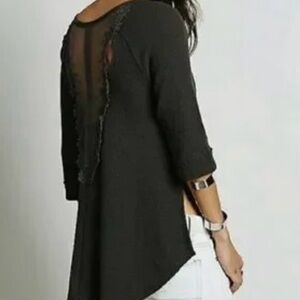 Free People Brown Grey Bon Bon Lace Back Waffle Knit Thermal Top Boho S
